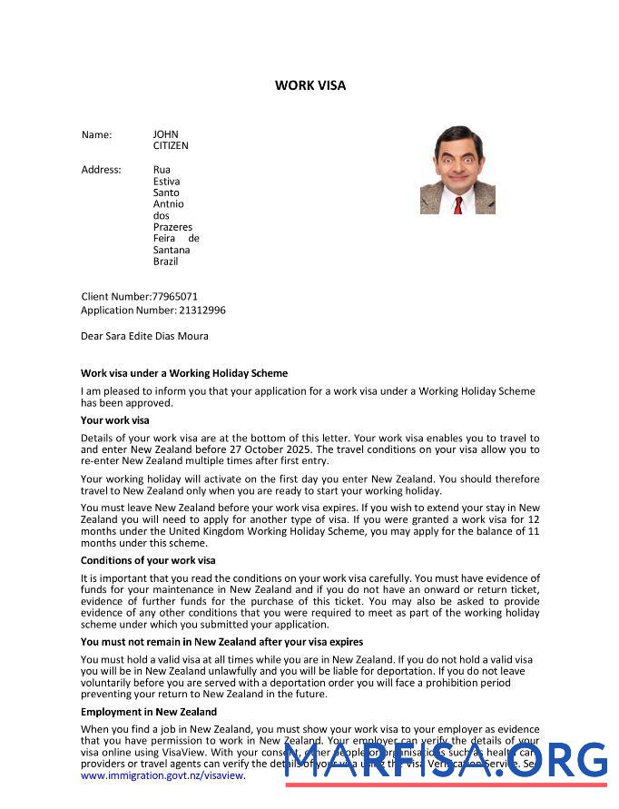 Printable New Zealand e visa template in Word and Pdf formats